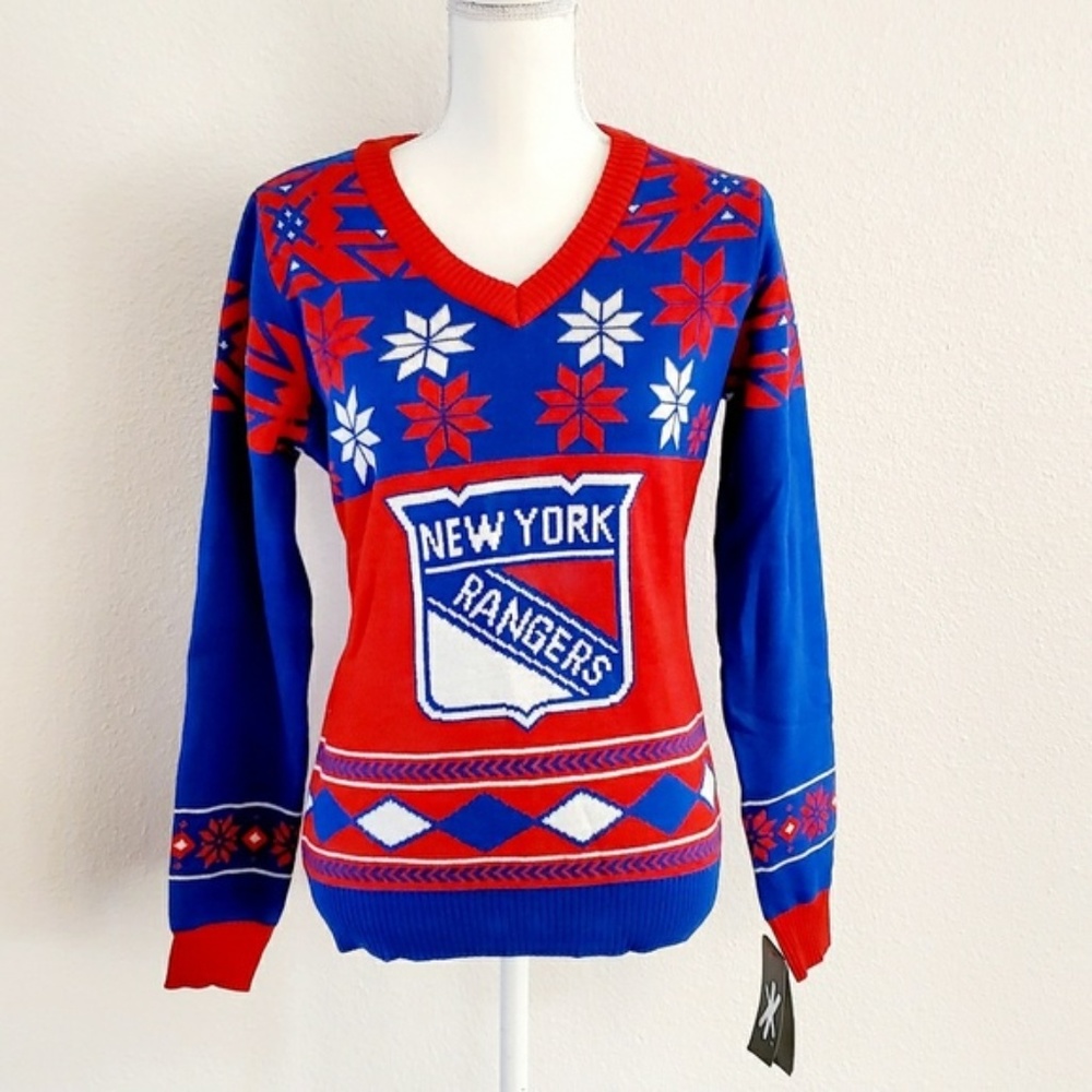 New York Rangers Christmas Sweater, Med Red/blue